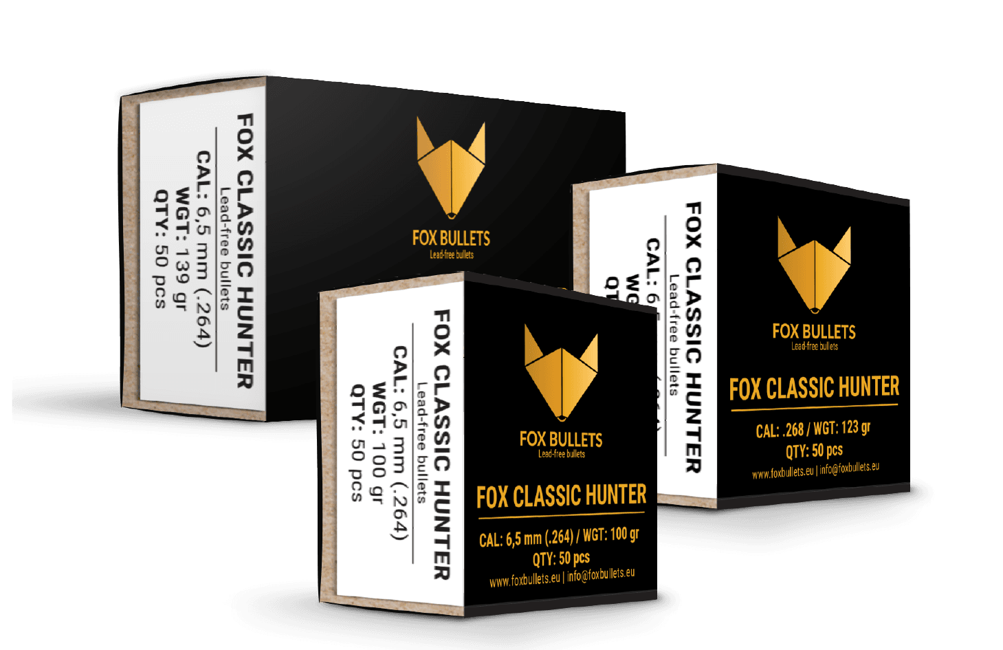 Three boxes of Fox Classic Hunter lead free bullets in 6.5mm and .264, 50 projectiles per box